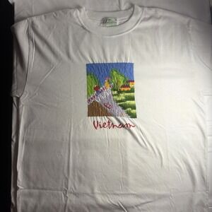 VINTAGE Vietnam Souvenir T-Shirt Embroidered Needle Point White Size XL